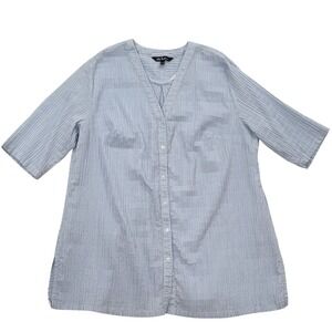 Ulla Popken Women's Plus Size Tunic Top 16/18 Blue White Seersucker Coastal Airy